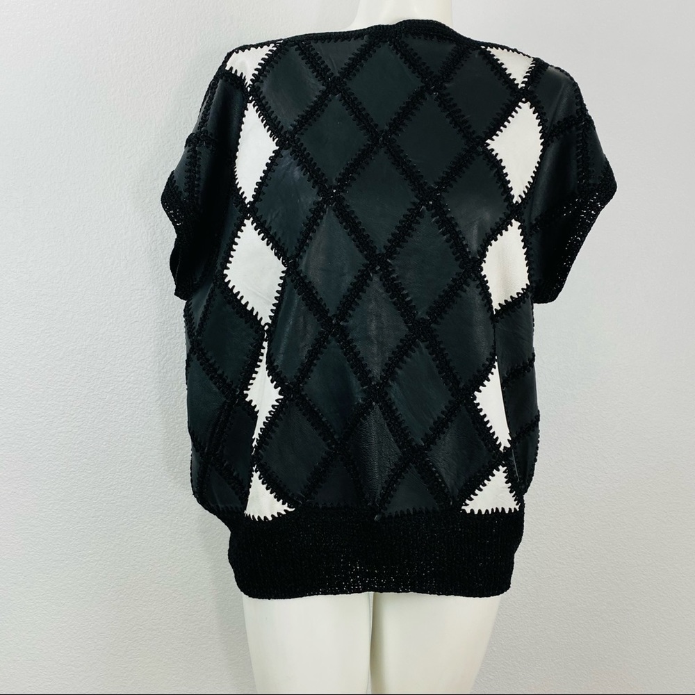 Vintage 70s Black Crochet Leather Patchwork Batwing Blouse Top